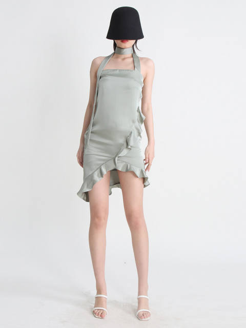 TWOTWINSTYLE Minimalist Dresses For Women Slash Neck Sleeveless High Waist Ruffles Summer Dress Female Fashion Style Clothing