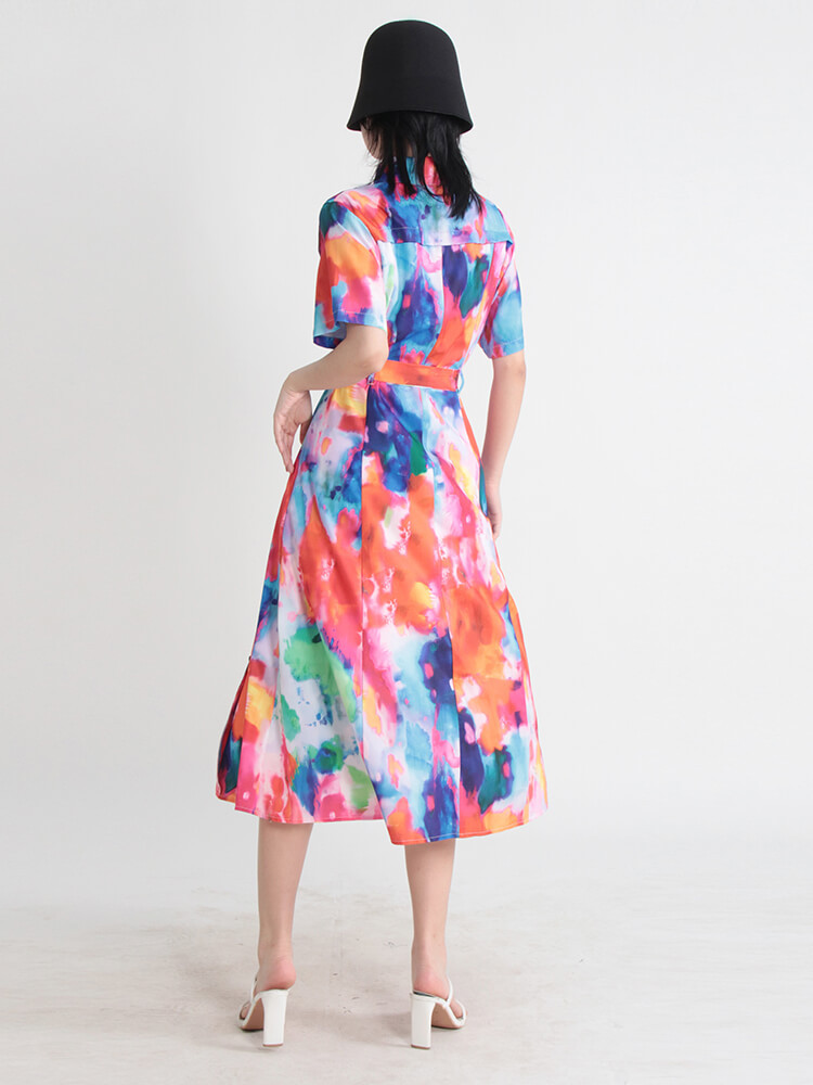 TWOTWINSTYLE Slim Hit Color Dresses For Women Lapel Short Sleeve High Waist Loose Dress Female Fashion Style Clothing 2023 New