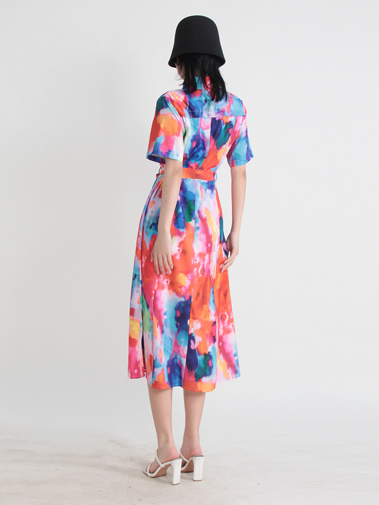 TWOTWINSTYLE Slim Hit Color Dresses For Women Lapel Short Sleeve High Waist Loose Dress Female Fashion Style Clothing 2023 New