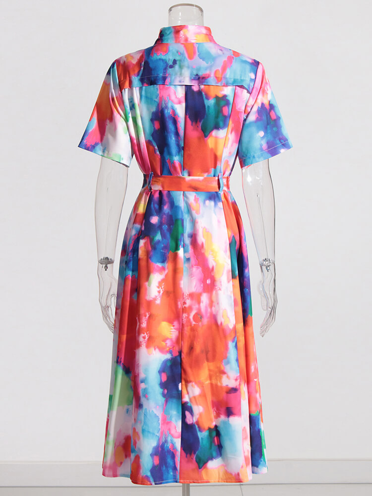 TWOTWINSTYLE Slim Hit Color Dresses For Women Lapel Short Sleeve High Waist Loose Dress Female Fashion Style Clothing 2023 New