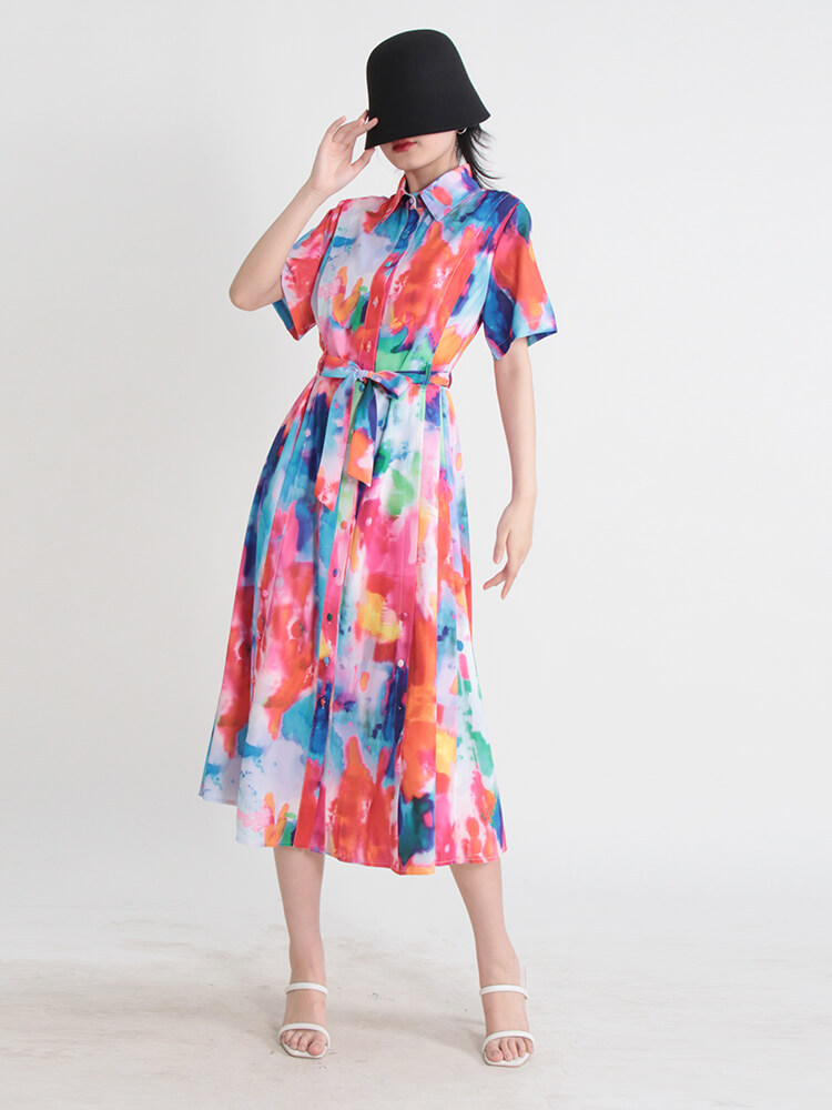 TWOTWINSTYLE Slim Hit Color Dresses For Women Lapel Short Sleeve High Waist Loose Dress Female Fashion Style Clothing 2023 New