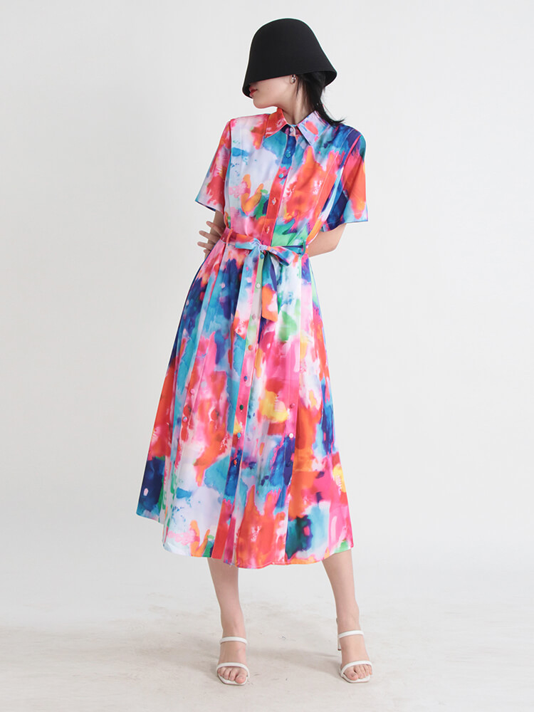 TWOTWINSTYLE Slim Hit Color Dresses For Women Lapel Short Sleeve High Waist Loose Dress Female Fashion Style Clothing 2023 New