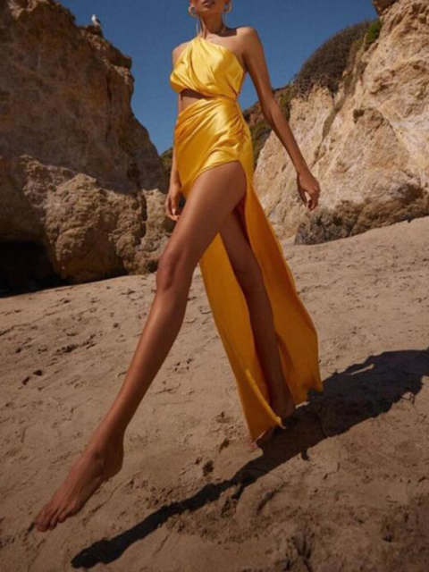 TWOTWINSTYLE Slim Bodycon Long Dresses For Women Diagonal Collar Sleeveless Hollow Out High Waist Side Split Formal Dress Female