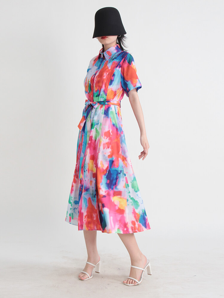 TWOTWINSTYLE Slim Hit Color Dresses For Women Lapel Short Sleeve High Waist Loose Dress Female Fashion Style Clothing 2023 New