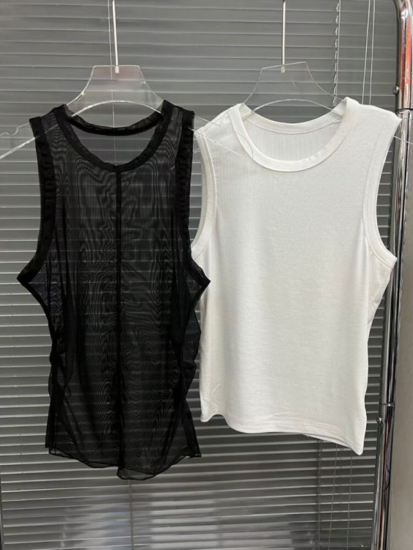 TWOTWINSTYLE Casual Sets Female Round Neck Sleeveless Slim Top Sheer Mesh Short Tank Top Summer Two Piece Set Women Clothing New