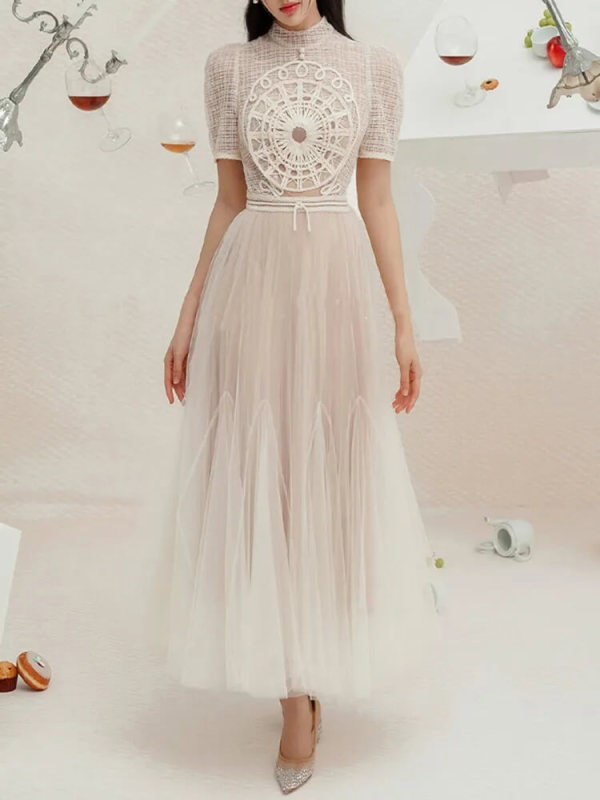 TWOTWINSTYLE Patchwork Temperament Dresses For Women Round Neck Short Sleeve High Waist Folds Summer Dress Female Fashion New
