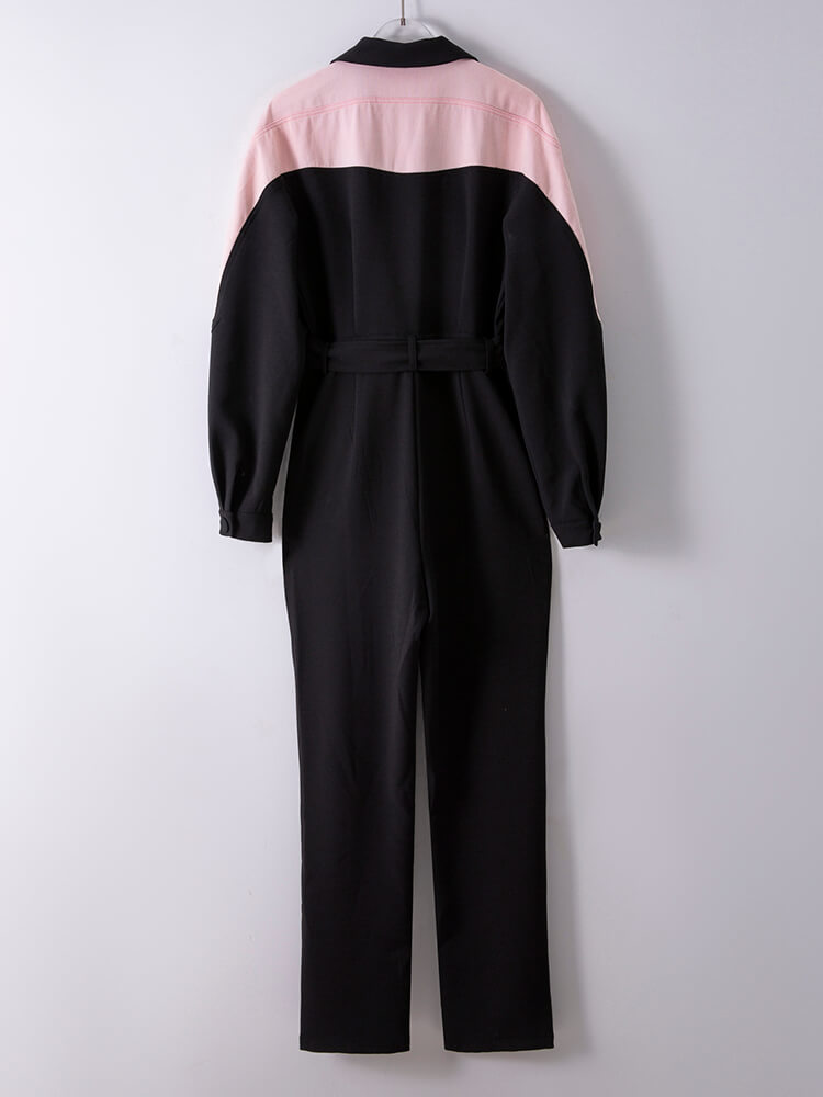 TWOTWINSTYLE Summer Hit Color Jumpsuits For Women Lapel Long Sleeve High Waist Split Full Length Denim Jumpsuit Female Fashion