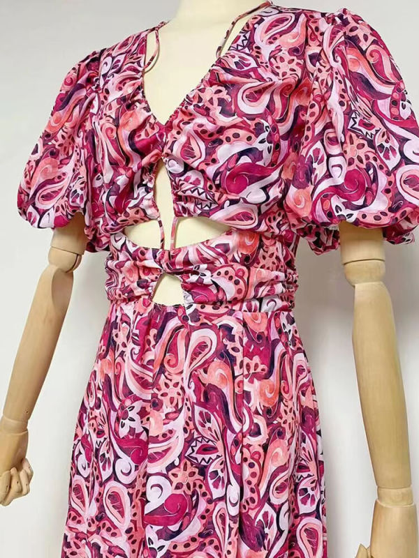 TWOTWINSTYLE Hit Color Summer Hollow Out Dresses For Women V Neck Puff Sleeve High Waist Print Dress Female Fashion Clothing New