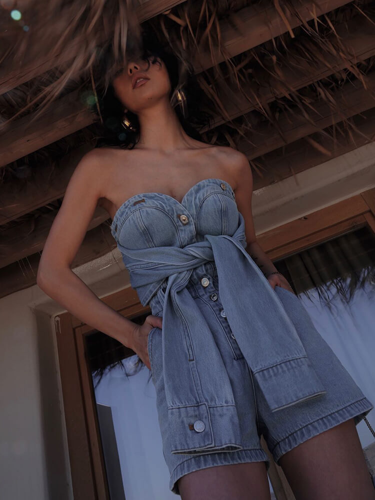 TWOTWINSTYLE Denim Solid Playsuits For Women Slash Neck Sleeveless High Waist Patchwork Single Breasted Mini Playsuit Female New