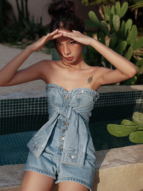 TWOTWINSTYLE Denim Solid Playsuits For Women Slash Neck Sleeveless High Waist Patchwork Single Breasted Mini Playsuit Female New