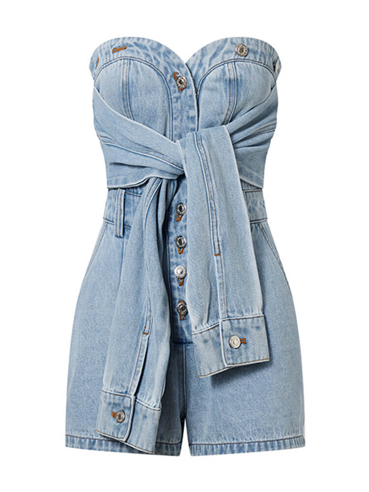 TWOTWINSTYLE Denim Solid Playsuits For Women Slash Neck Sleeveless High Waist Patchwork Single Breasted Mini Playsuit Female New