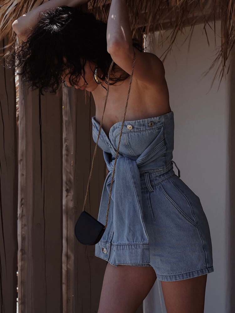 TWOTWINSTYLE Denim Solid Playsuits For Women Slash Neck Sleeveless High Waist Patchwork Single Breasted Mini Playsuit Female New