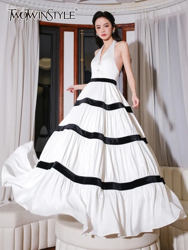 TWOTWINSTYLE Hit Color Dresses For Women Halter Sleeveless High Waist Spliced Button Elegant Summer backless dress