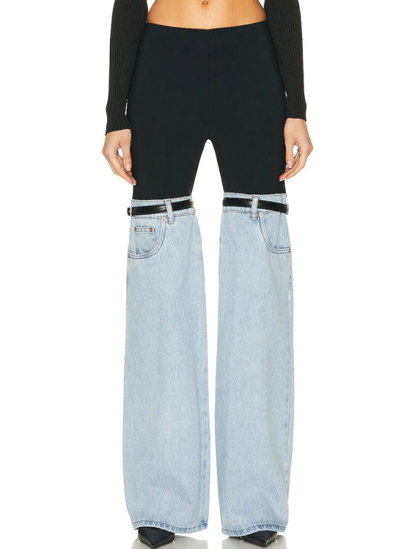 TWOTWINSTYLE Flared High-rise Denim Jeans In Light Blue two-tone patchwork trousers