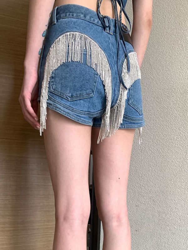 TWOTWINSTYLE Individuality Denim Shorts For Women High Waist Patchwork Diamonds Tassel Summer Short Pants Female Clothing New