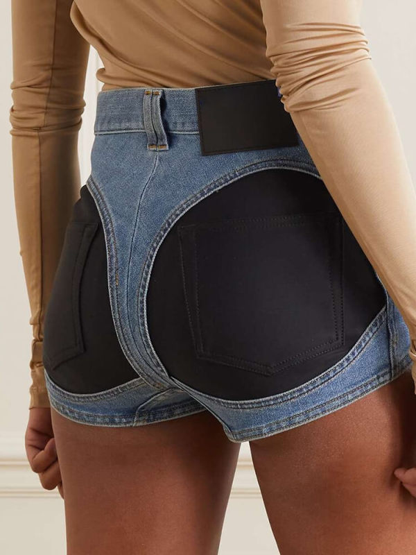 TWOTWINSTYLE women contrast panels denim shorts high wasit mini colorblock temperaments short pants for lady