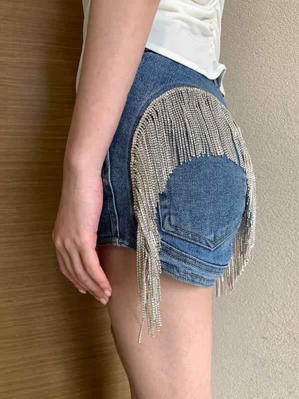 TWOTWINSTYLE Individuality Denim Shorts For Women High Waist Patchwork Diamonds Tassel Summer Short Pants Female Clothing New