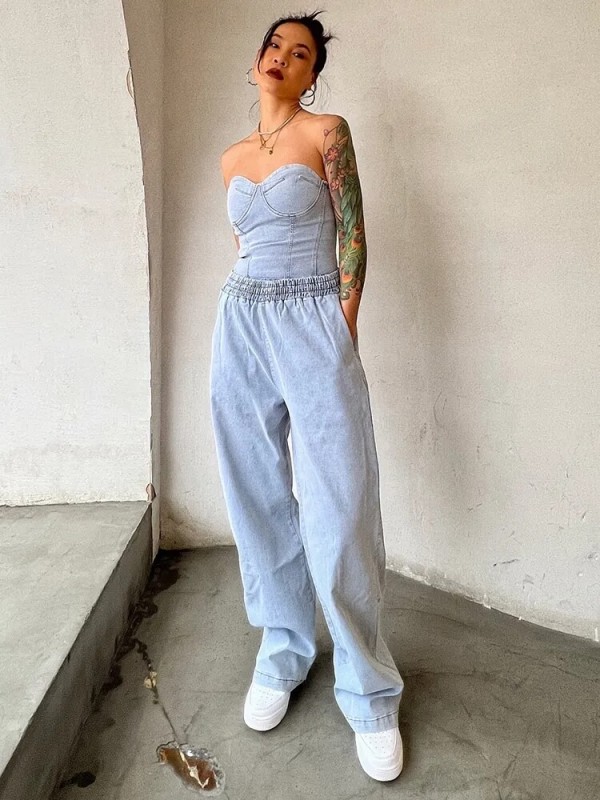 TWOTWINSTYLE Denim Two Piece Set Womens Strapless Sleeveless Slim Tops High Waist Wide Leg Pants Solid
