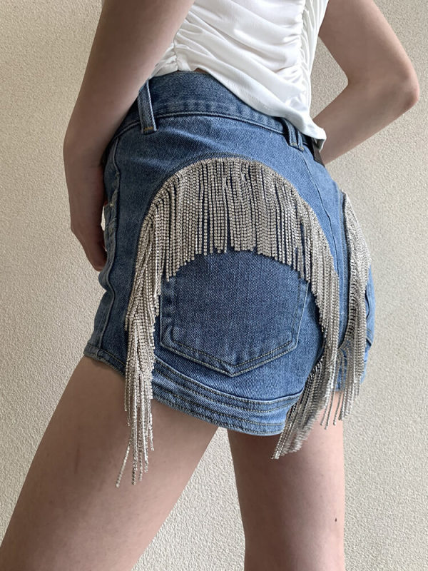 TWOTWINSTYLE Individuality Denim Shorts For Women High Waist Patchwork Diamonds Tassel Summer Short Pants Female Clothing New