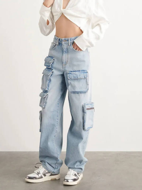 TWOTWINSTYLE mid-rise cargo jeans straight -leg jeans for women bleach multipocket cargo denim pants