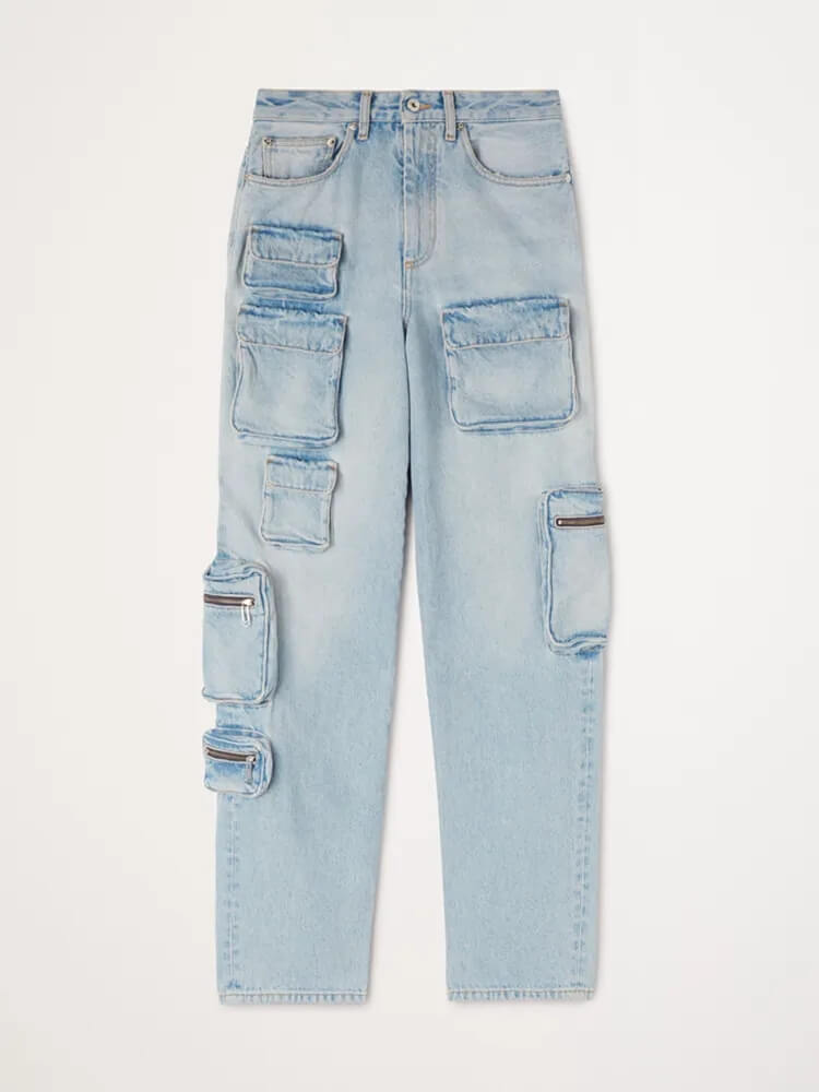 TWOTWINSTYLE mid-rise cargo jeans straight -leg jeans for women bleach multipocket cargo denim pants