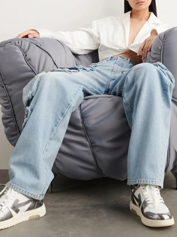 TWOTWINSTYLE mid-rise cargo jeans straight -leg jeans for women bleach multipocket cargo denim pants