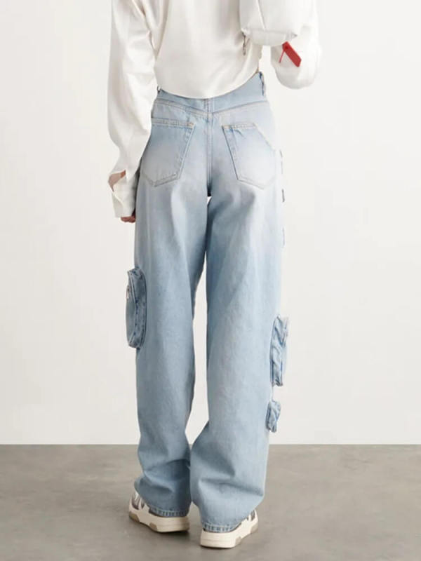 TWOTWINSTYLE mid-rise cargo jeans straight -leg jeans for women bleach multipocket cargo denim pants