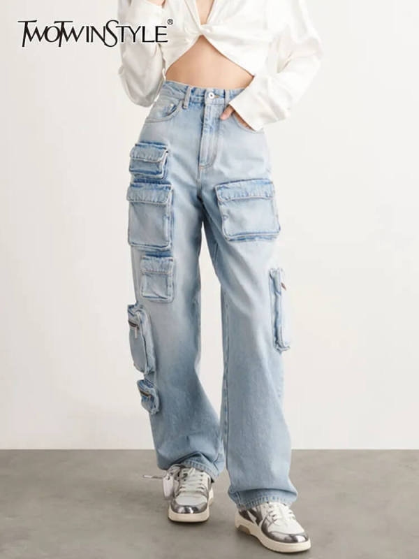 TWOTWINSTYLE mid-rise cargo jeans straight -leg jeans for women bleach multipocket cargo denim pants