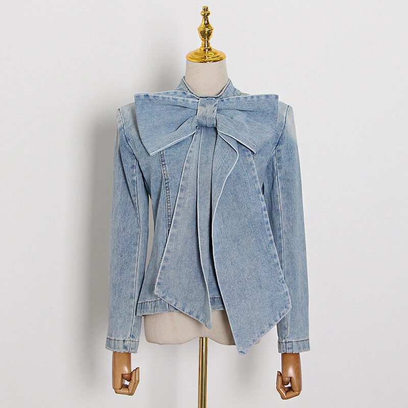 TWOTWINSTYLE Bowknot Denim Shirt For Women Stand Collar Long Sleeve Zipper Casual Spring Top Female