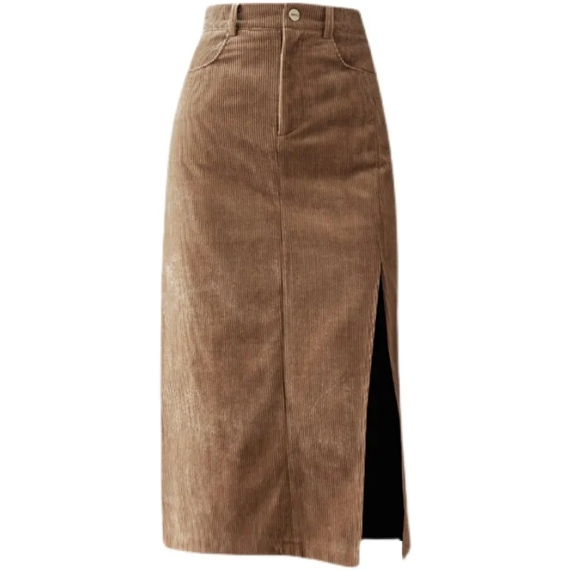 Vintage Corduroy Pencil Skirts Womens High Waist Sexy Side Slit Midi Skirt Autumn Winter Beige Black Straight Skirt  2023  new