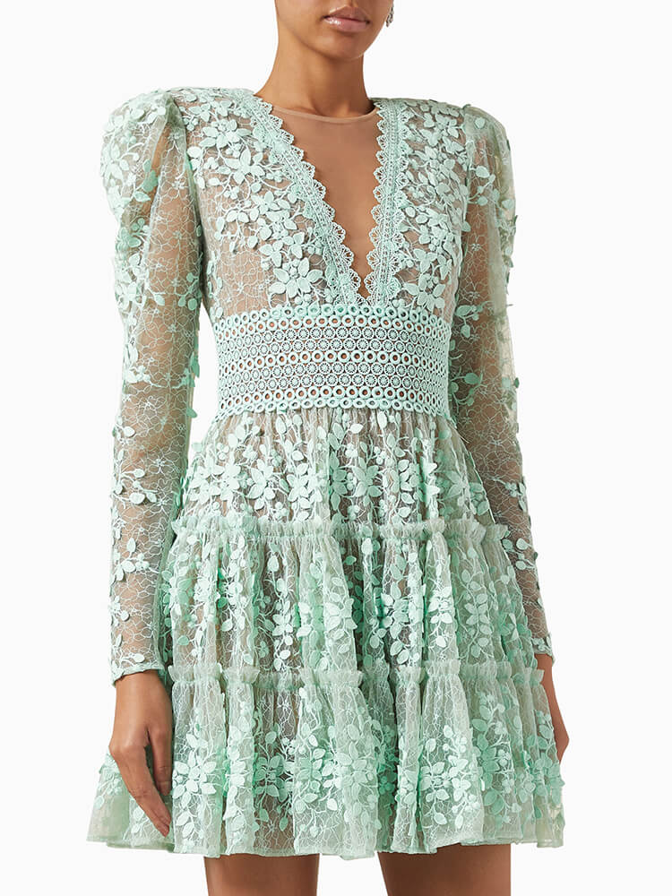 TWOTWINSTYLE Tiered Lace Applique Mini Dress For Women 2023 New Summer TWOTWINSTYLE Tiered Lace Applique Mini Dress For Women 2023 New Summer