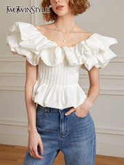 TWOTWINSTYLE   Original custom French ruffled V-neck top for women's 2023 summer new bubble sleeved fishbone waistband shirt