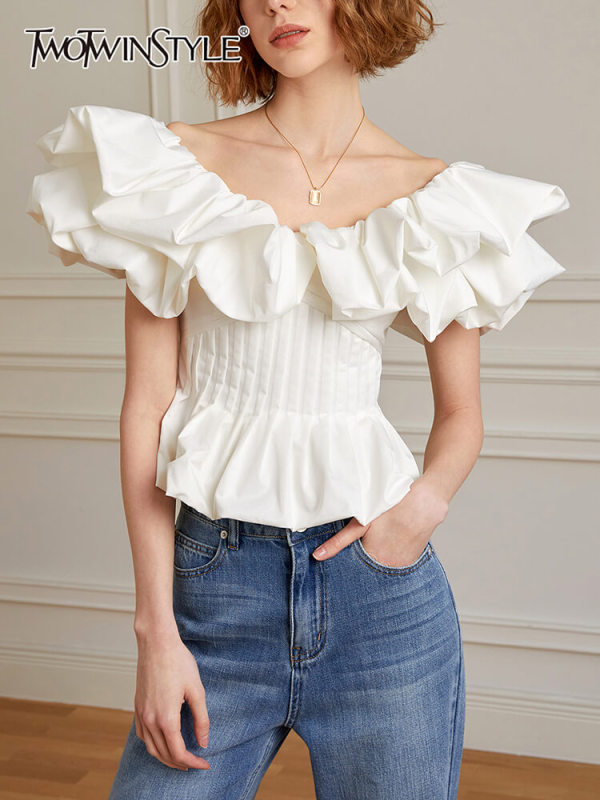 Original custom French ruffled V-neck top for women's 2023 summer new bubble sleeved fishbone waistband shirt