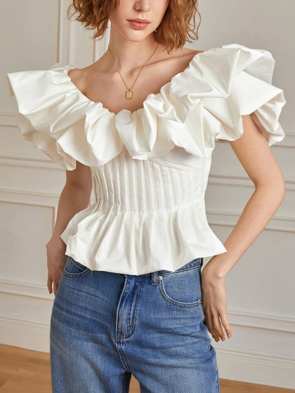 Original custom French ruffled V-neck top for women's 2023 summer new bubble sleeved fishbone waistband shirt