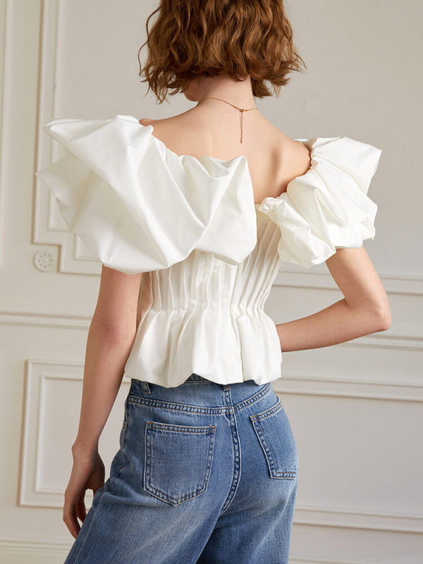 Original custom French ruffled V-neck top for women's 2023 summer new bubble sleeved fishbone waistband shirt