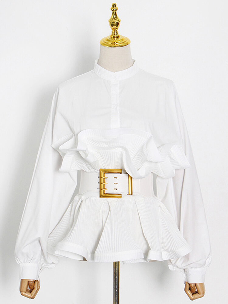 TWOTWINSTYLE Patchwork Sashes Solid Shirt For Women Stand Collar Long Sleeve Ruffle Trim Blouses Female Fashion Clothing Style