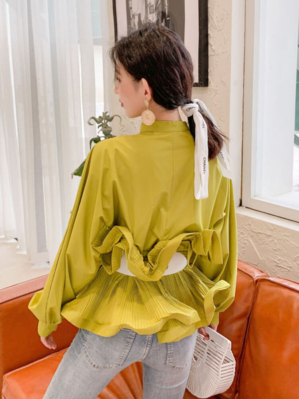 TWOTWINSTYLE Patchwork Sashes Solid Shirt For Women Stand Collar Long Sleeve Ruffle Trim Blouses Female Fashion Clothing Style