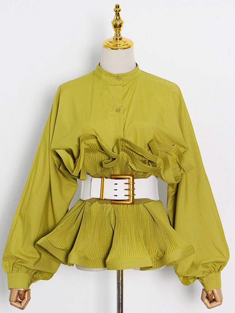 TWOTWINSTYLE Patchwork Sashes Solid Shirt For Women Stand Collar Long Sleeve Ruffle Trim Blouses Female Fashion Clothing Style