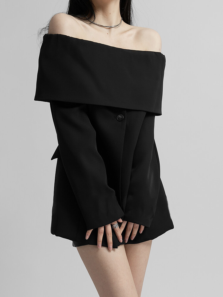 TOWTWINSTYLE Off Shoulder Off Shoulder Style Slim Long Sleeve Black Small Suit Coat for woman's  New 2023
