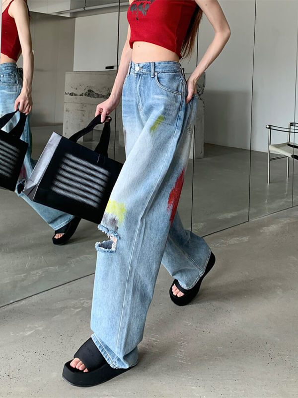 CHICEVER Hole Hole  Women Jeans  High Waist Spliced Pockets Oversize Colorblock  Full length  Trousers  Female 2023 New