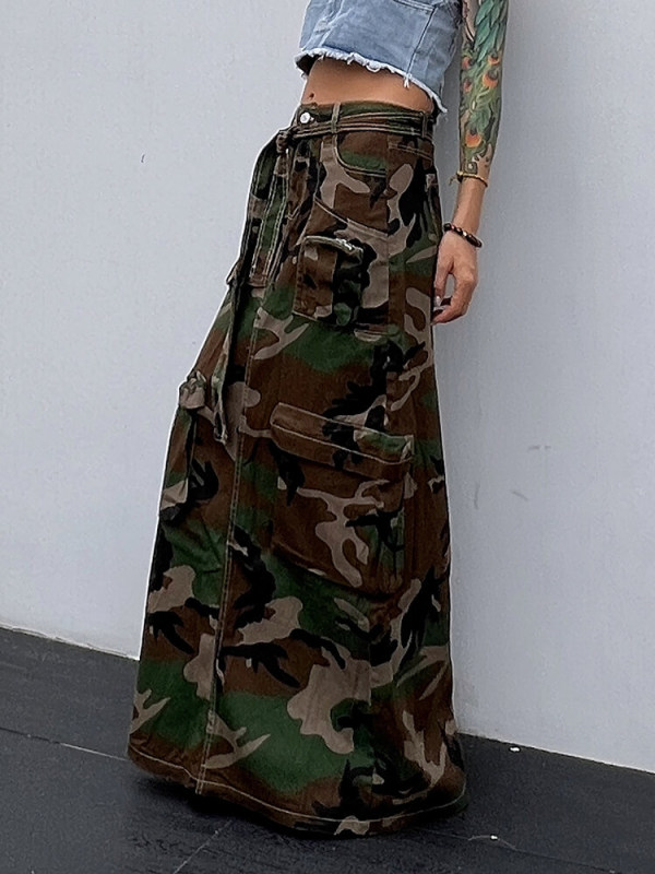 TWOTWINSTYLE Camouflage Casual Mid Skirts For Women High Waist Patchwork Pocket A Line Skirt Female Fashion Style Clothing New