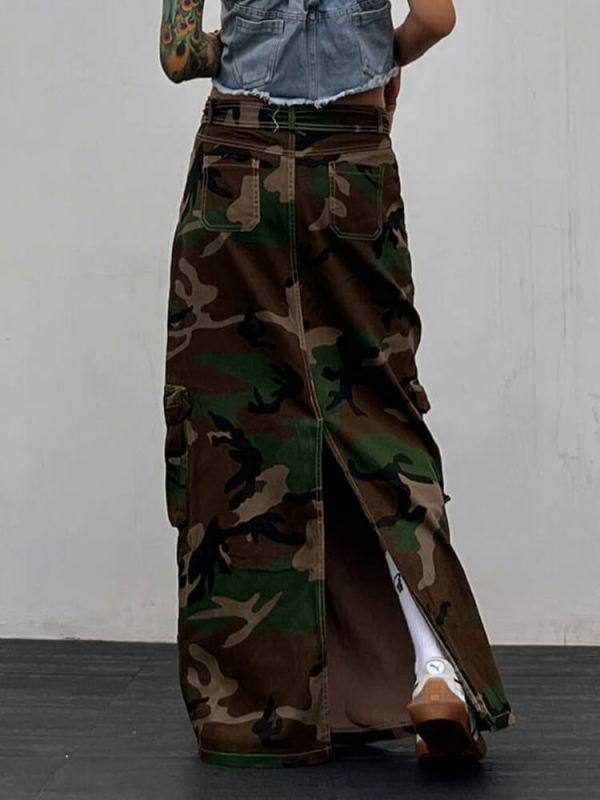 TWOTWINSTYLE Camouflage Casual Mid Skirts For Women High Waist Patchwork Pocket A Line Skirt Female Fashion Style Clothing New