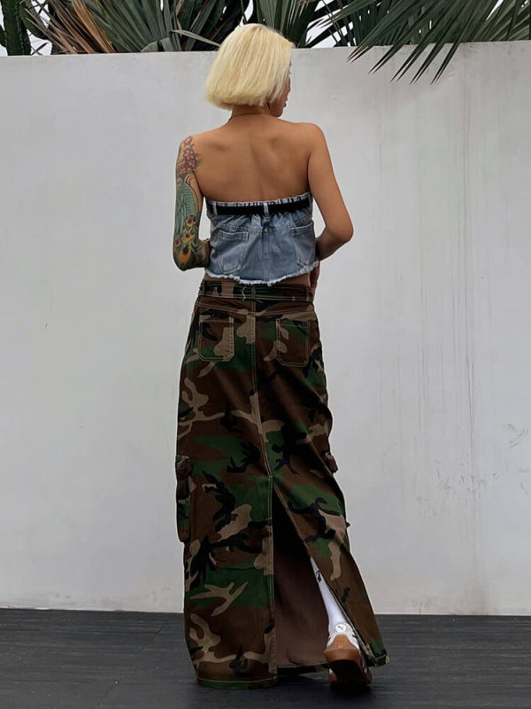 TWOTWINSTYLE Camouflage Casual Mid Skirts For Women High Waist Patchwork Pocket A Line Skirt Female Fashion Style Clothing New