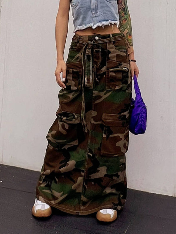 TWOTWINSTYLE Camouflage Casual Mid Skirts For Women High Waist Patchwork Pocket A Line Skirt Female Fashion Style Clothing New