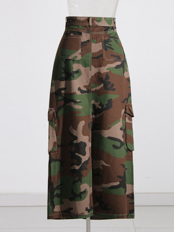 TWOTWINSTYLE Camouflage Casual Mid Skirts For Women High Waist Patchwork Pocket A Line Skirt Female Fashion Style Clothing New