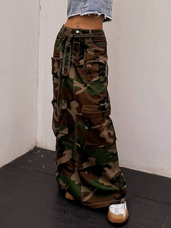 TWOTWINSTYLE Camouflage Casual Mid Skirts For Women High Waist Patchwork Pocket A Line Skirt Female Fashion Style Clothing New