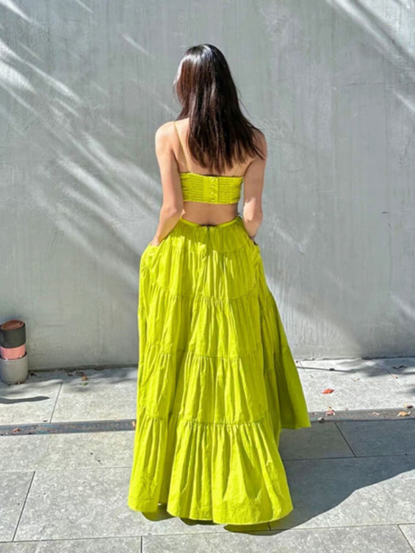 TWOTWINSTYLE Solid  Backless Dresses For Women Slash Neck Sleeveless High Waist   Ankle-Length Dress Female 2023  summer  new