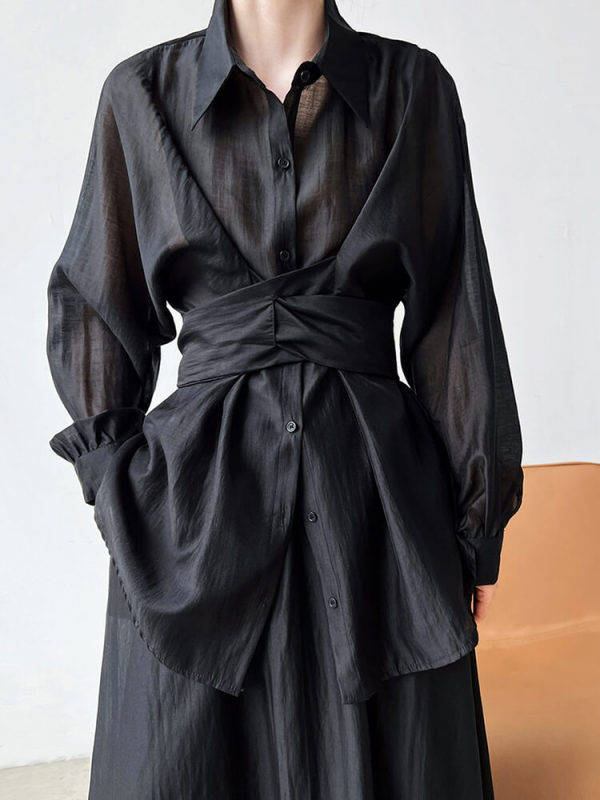 TWOTWINSTYLE Solid Two Piece Sets For Women Lapel Long Sleeve Tops High Waist A Line Skirt Summer Set Female Fashion Clothing 2023