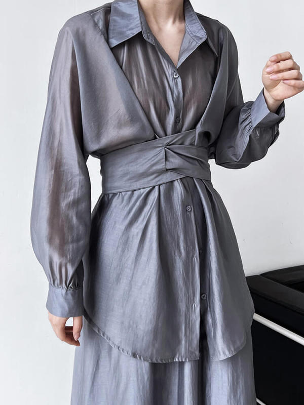 TWOTWINSTYLE Solid Two Piece Sets For Women Lapel Long Sleeve Tops High Waist A Line Skirt Summer Set Female Fashion Clothing 2023