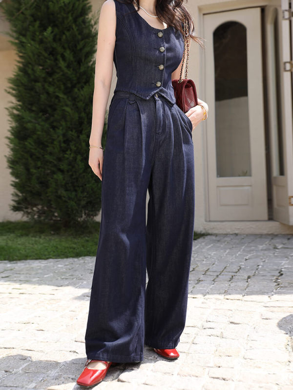 TWOTWINSTYLE Slim  Solid Two Peice Sets Of Women Round Neck Sleeveless Tops High Waist  Wide Leg Pants Female 2023 News